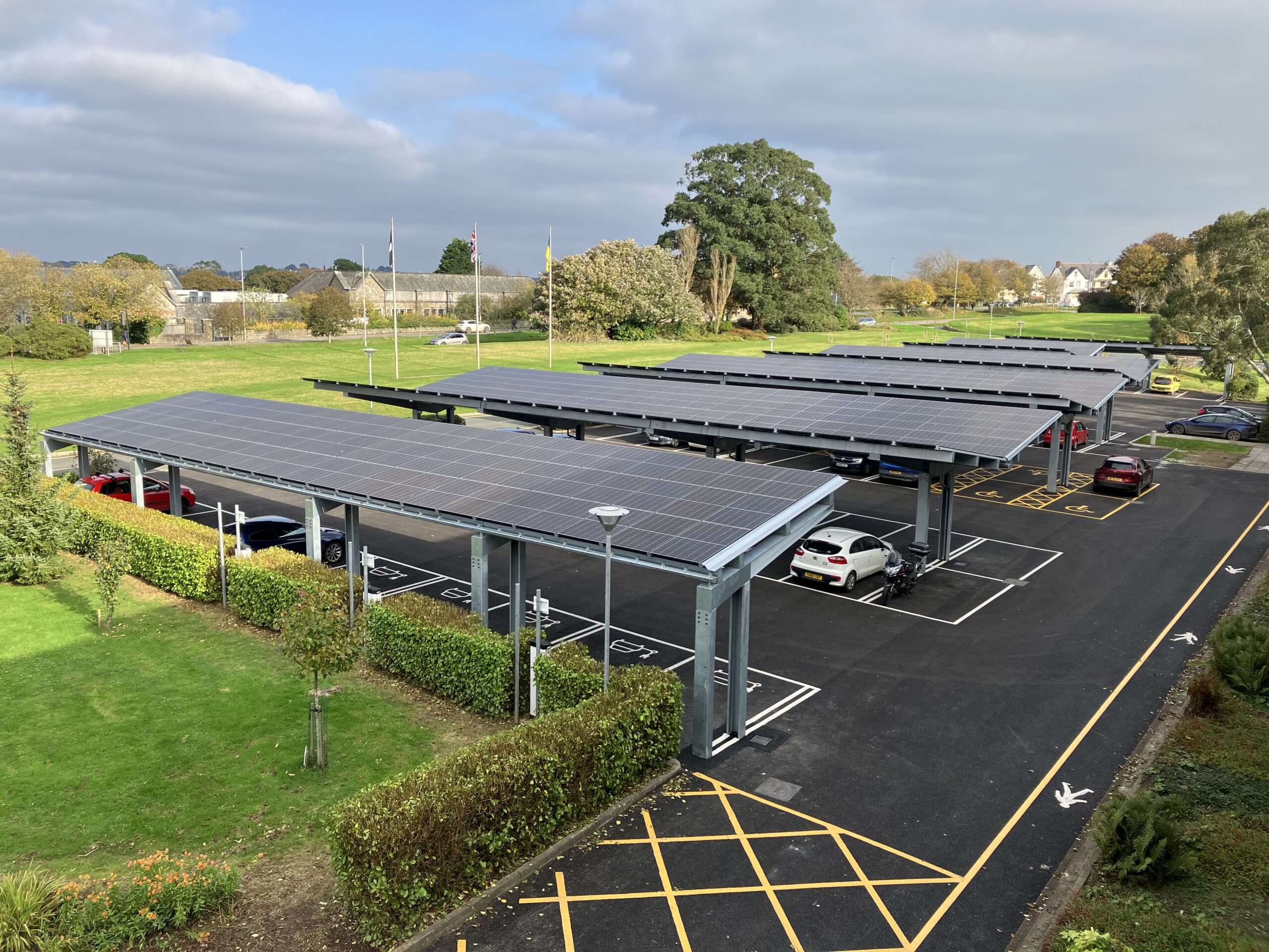 Aerial view of solar canopy over car park